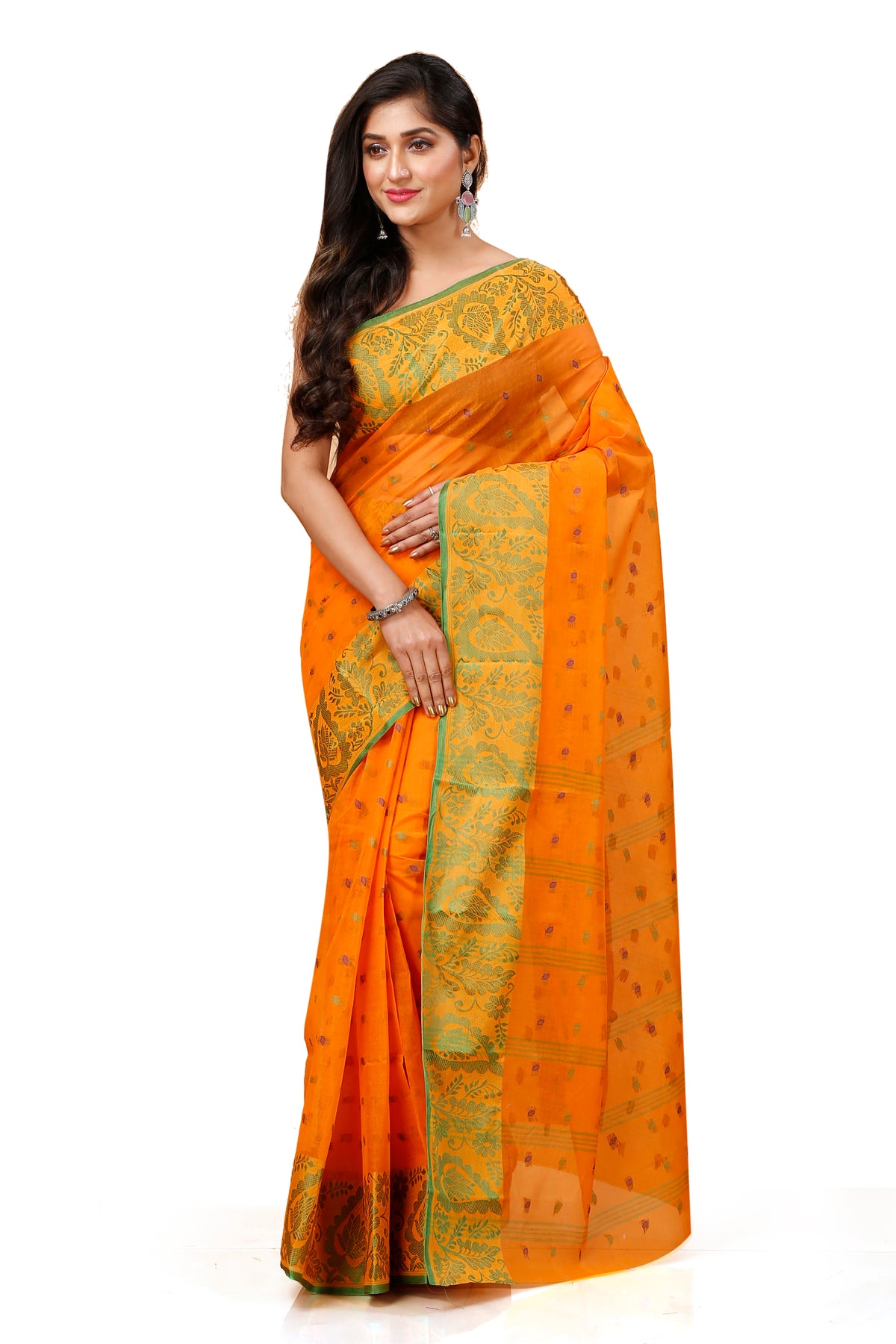 Pure Cotton Tant Saree Leaf Buti Design Woven Tant Saree
