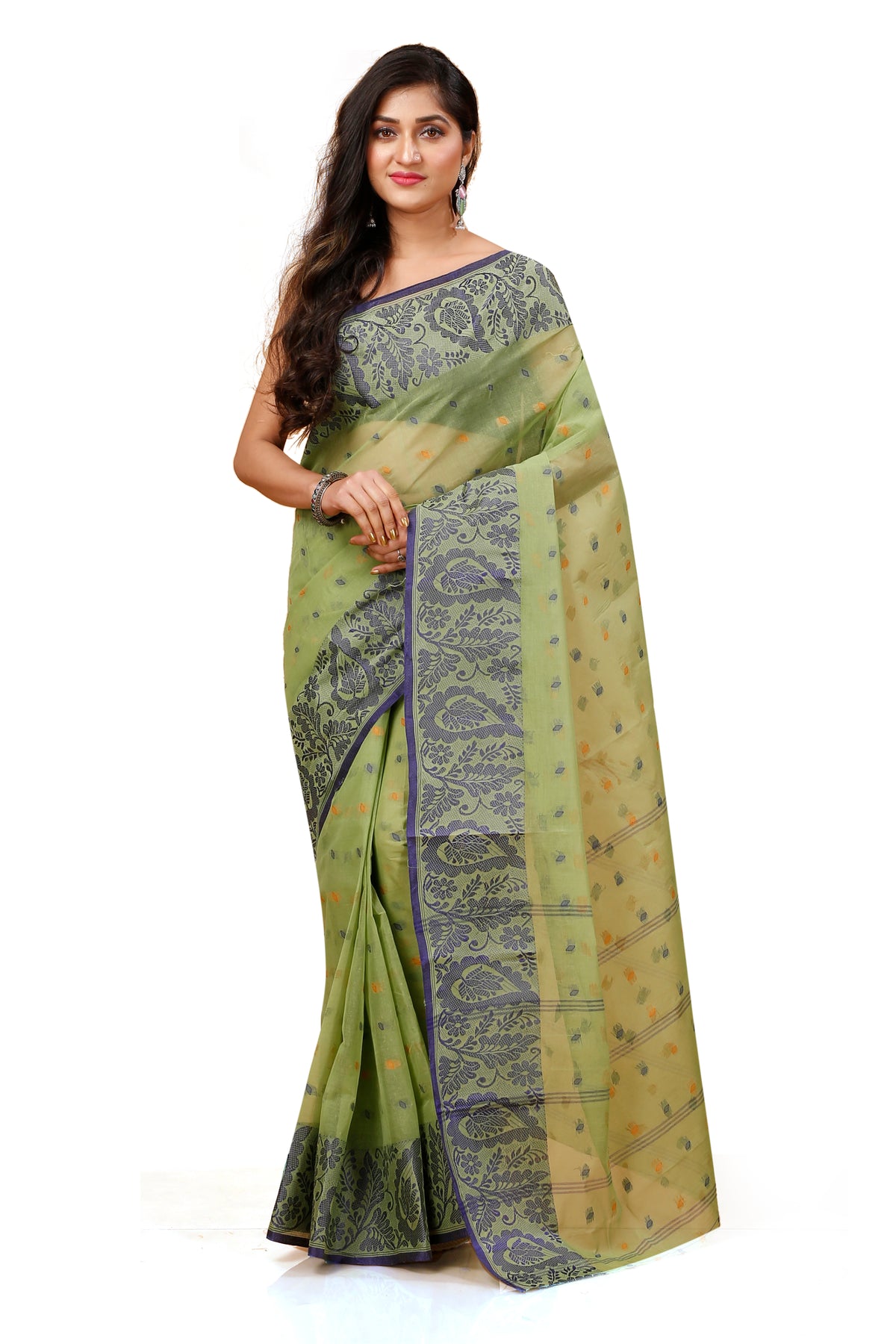 Pure Cotton Tant Saree Leaf Buti Design Woven Tant Saree