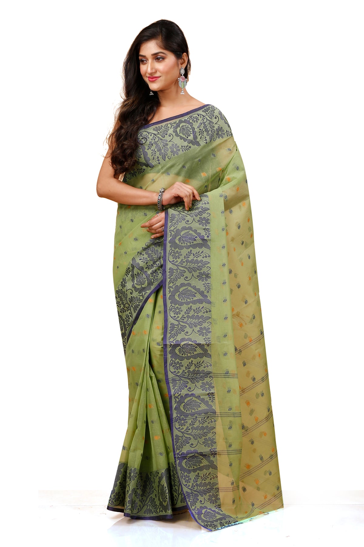 Pure Cotton Tant Saree Leaf Buti Design Woven Tant Saree