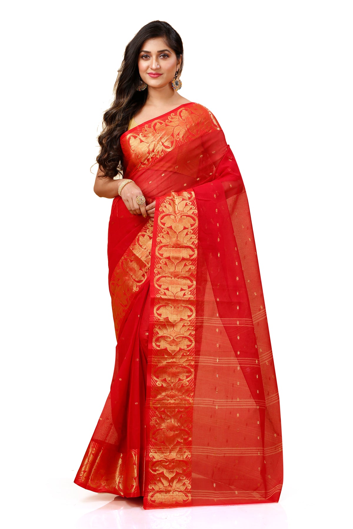 Pure Cotton Tant Saree Ball Buti Design Tant Saree With Self Design Zari Border