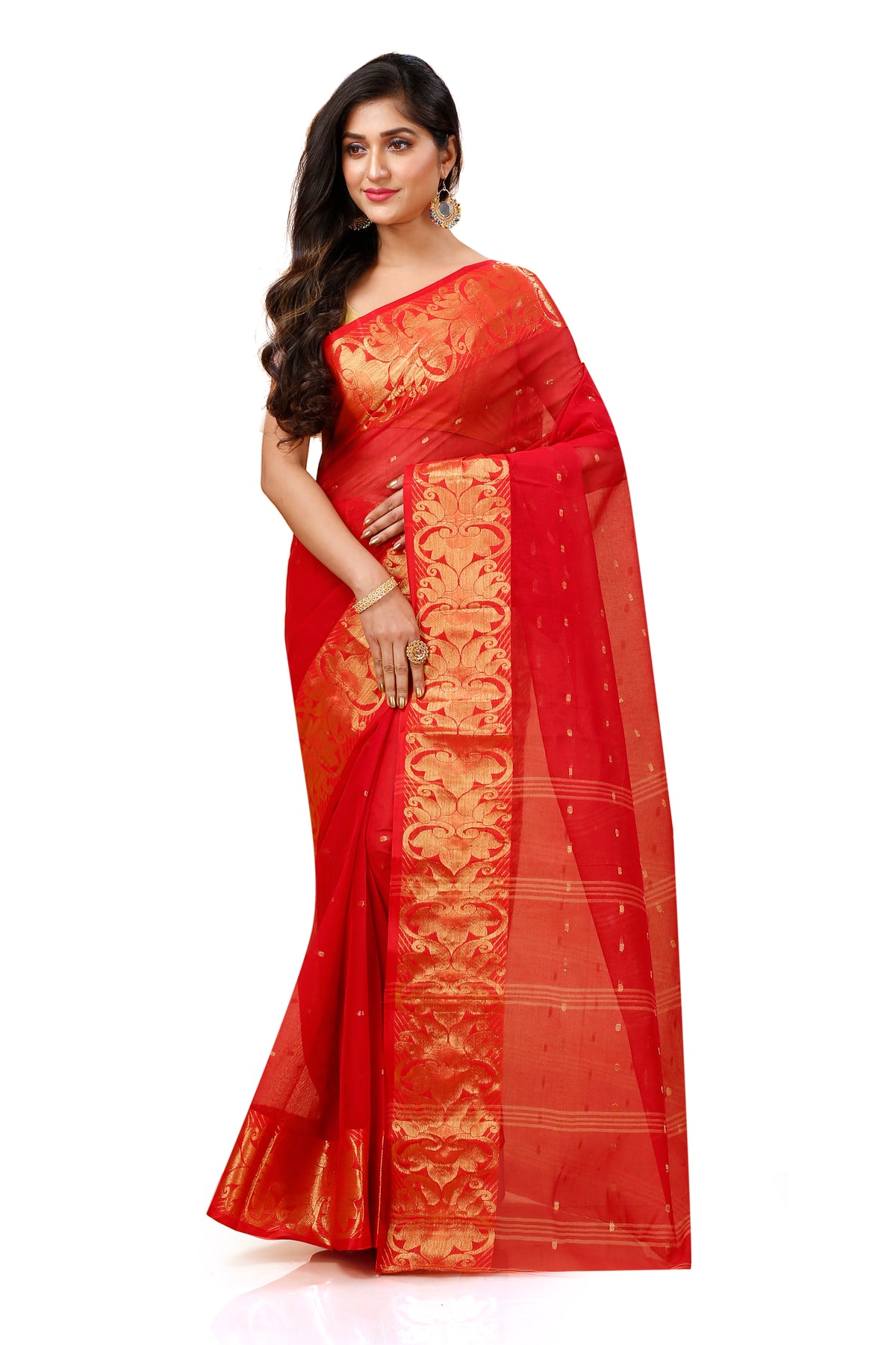 Pure Cotton Tant Saree Ball Buti Design Tant Saree With Self Design Zari Border